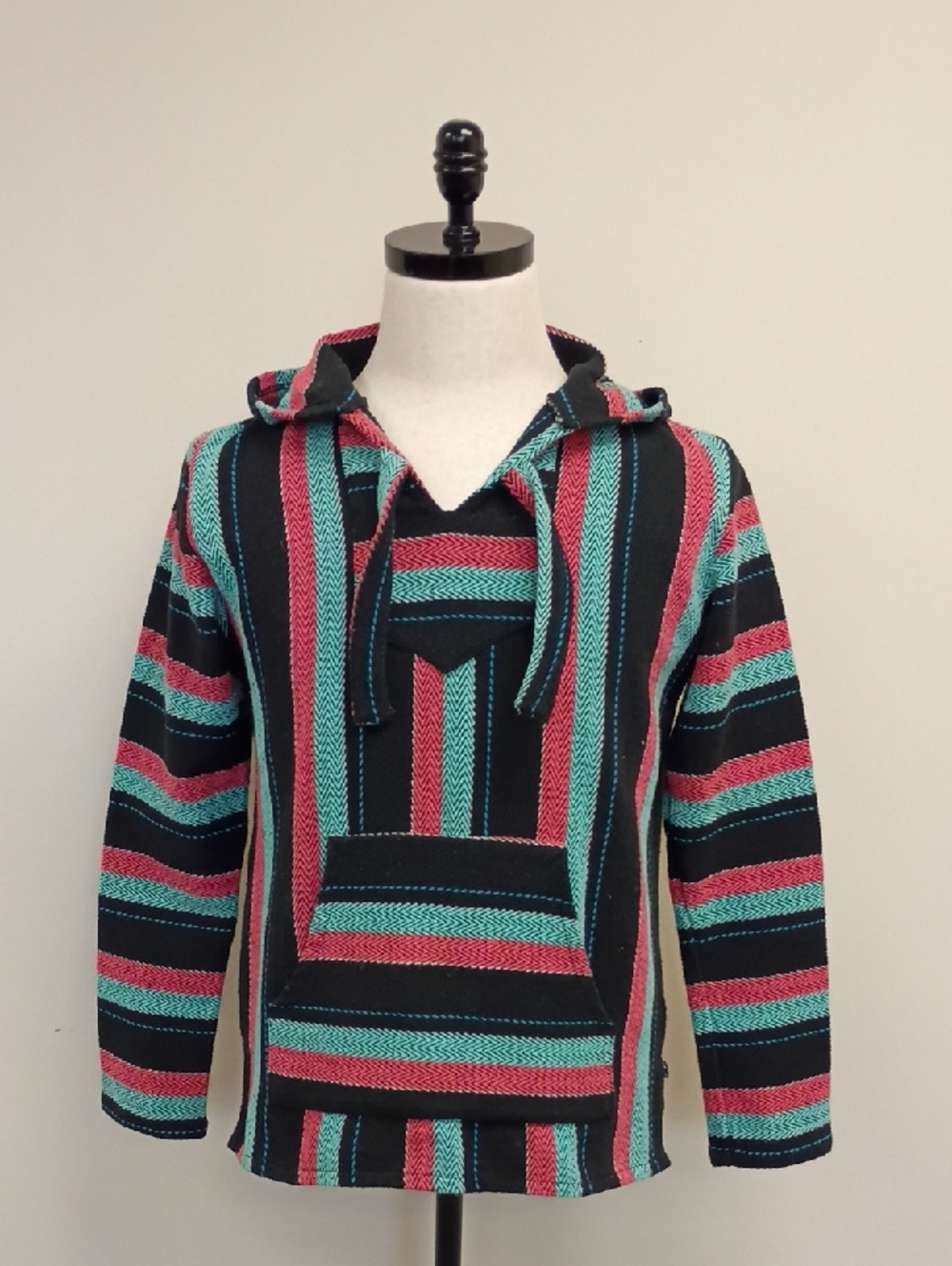 Striped Baja Hoodie in Black, Teal & Pink